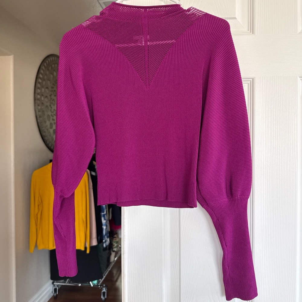 Bar III Fuchsia Ribbed Crewneck Sweater with Mesh Yoke